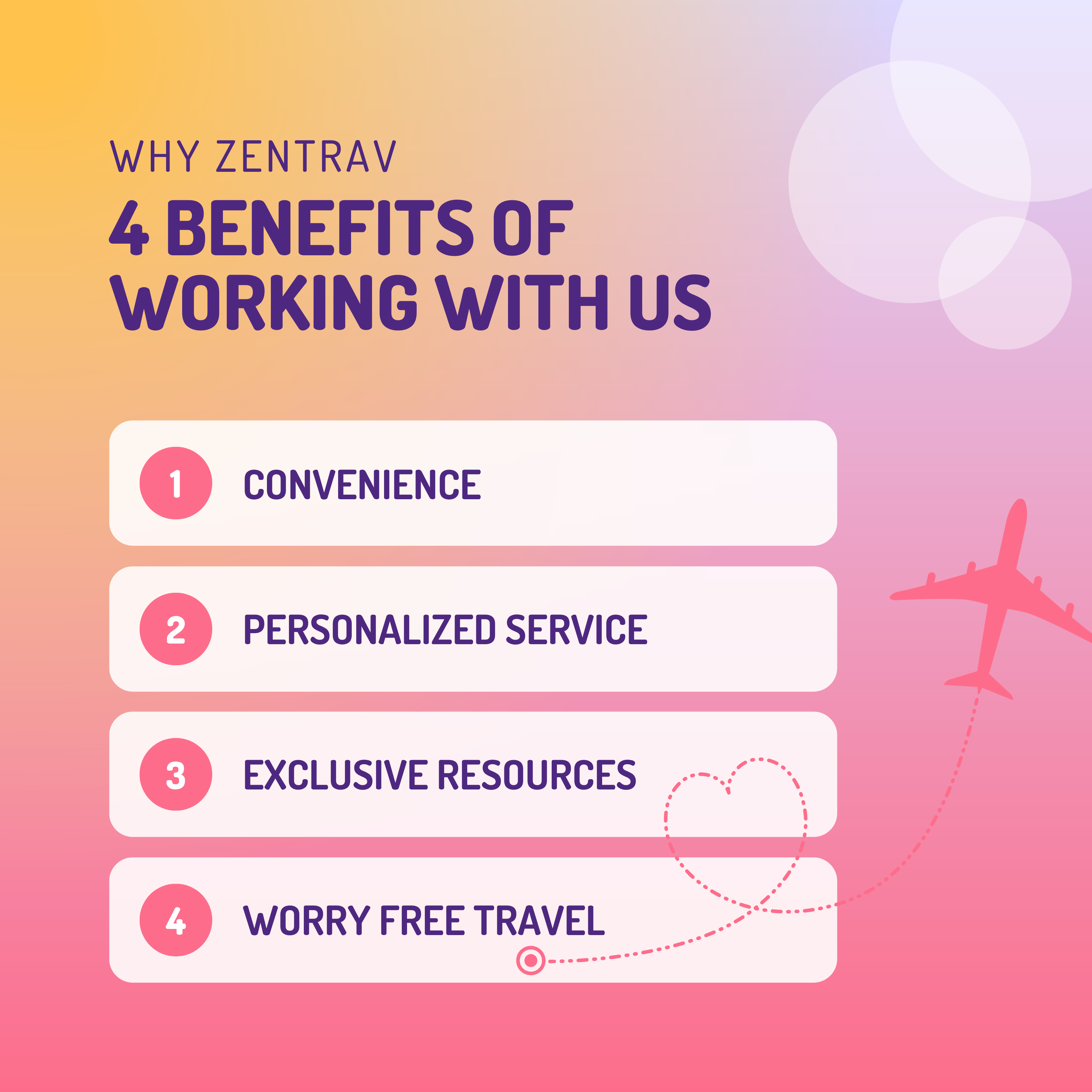Why Zentrav 4 Benefits of working with us: Convenience, personalized service, exclusive resources, worry free travel